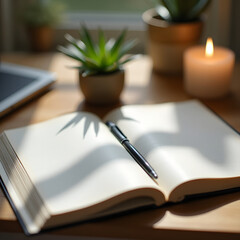Mindfulness Journal with Pen, Lit Candle, and Plant – Self-Care and Reflection Concept.