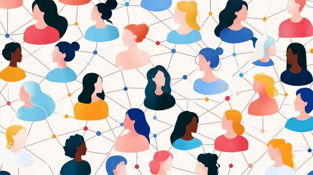 A diverse illustration of women connected in a network representing community.