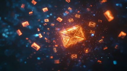 Digital Mail Flow: Capturing the essence of digital communication, illuminated envelopes drift through a cosmic background of information, symbolizing the dynamic world of electronic messages.