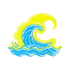 Fototapeta premium Tide wave icon with bright sun, vibrant ocean symbol