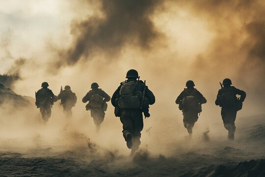 Warriors Marching Onward: A powerful image capturing a group of soldiers in silhouette, moving resolutely forward through a smoky battlefield. This photo evokes the essence of courage, duty.