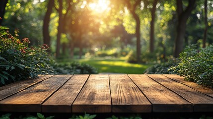 Fototapeta premium wooden board empty table with green forest in the background product display montages