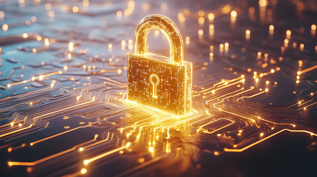 Digital Security Lock: A glowing digital lock symbol on a glowing circuit board represents the modern concept of cybersecurity and data protection.