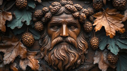 Obraz premium wooden face of mythologic god surrounded by oak leaves and acorns