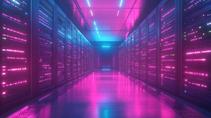 Fototapeta premium Neon-lit server room with rows of data storage racks.
