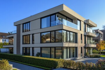 Fototapeta premium A modern apartment building with sharp, clean lines, large windows, and a neutral color palette
