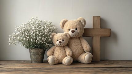 Fototapeta premium wooden teddy bear family and christian cross on white wall background