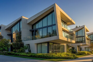 A modern apartment complex with large glass windows, sharp edges, and an elegant concrete exterior