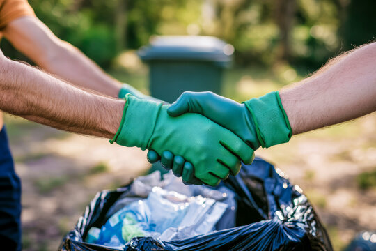 Two people wearing green gloves shake hands during a community cleanup, promoting teamwork, environmental responsibility, and waste management outdoors.
