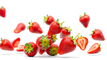 a bunch of fresh, ripe strawberries in a dynamic, artistic arrangement