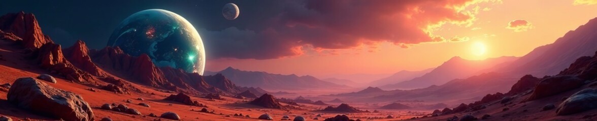Fototapeta premium Two alien worlds with unique terrains and atmospheres, sci-fi, planet