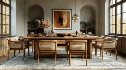 Wooden dining table with rattan chairs in a sunlit room. Perfect for blogs, home decor, or real estate websites.