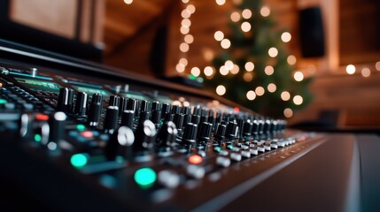 A captivating photo of a professional sound mixer adorned with festive bokeh lights in the background, creating an atmosphere of celebration and musical joy.