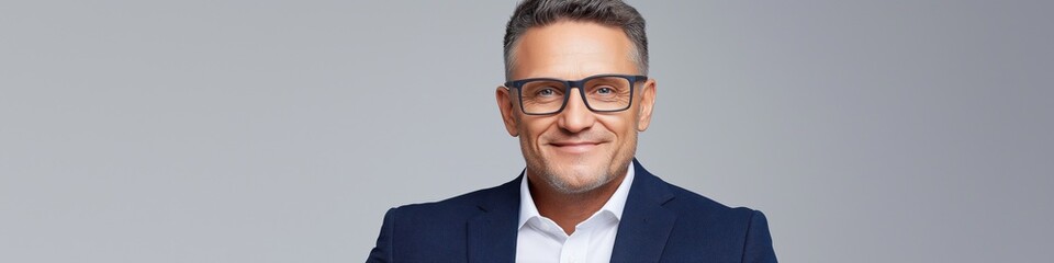 A man in a blue suit and glasses is smiling. He is wearing a blue jacket and a white shirt