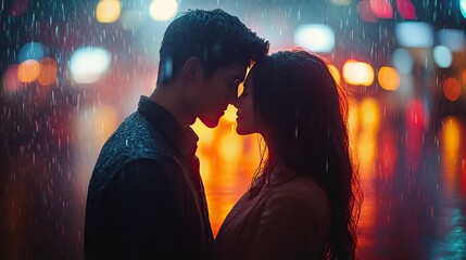 young couple embracing under the rain in the city at night blurred background
