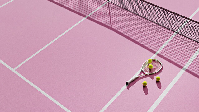 Tennis Racket and Tennis Balls on a Pink Court, 3D rendered illustration