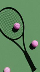 Artistic Tennis Racket Shadow with  Balls on green background, 3D rendered illustration
