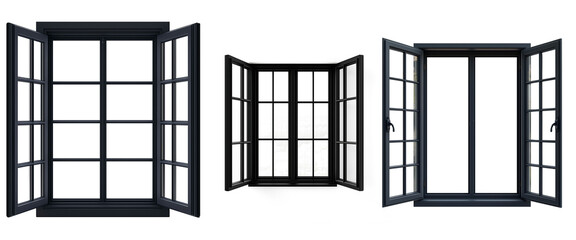 Set de tres ventanas de metal negras aisladas sobre fondo transparente