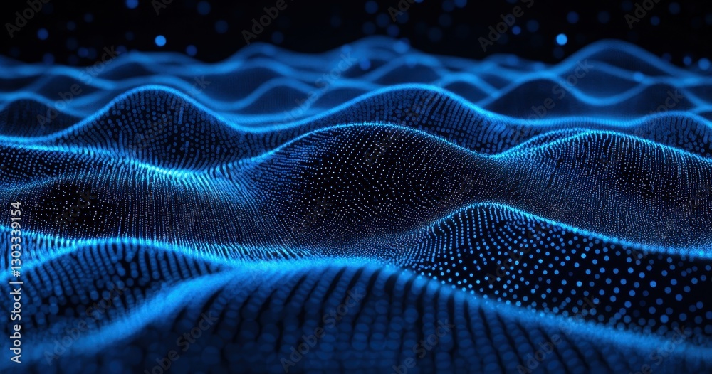 Poster abstract blue wave patterns created with particles on a dark background, representing digital data, 