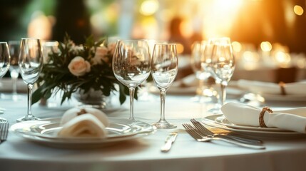 A beautifully arranged dining table adorned with crystal-clear glassware, delicate floral centerpieces, and fine silverware catches the warm glow of sunset, perfect for an intimate gathering