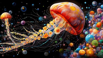 Fototapeta premium Colorful Abstract Jellyfish Swimming in a Cosmic Ocean of Orbs