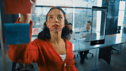 Portrait of hispanic businesswoman present start up marketing idea to investor. Female leader...
