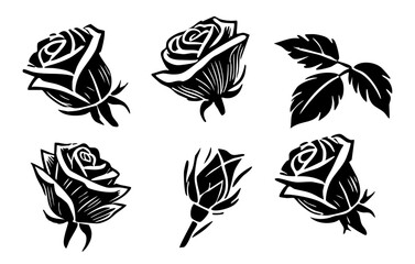 Isolated Vintage Rose Clipart. Floral Silhouette Design. Roses Art Decoration. Vector Flowers Silhouette Set.