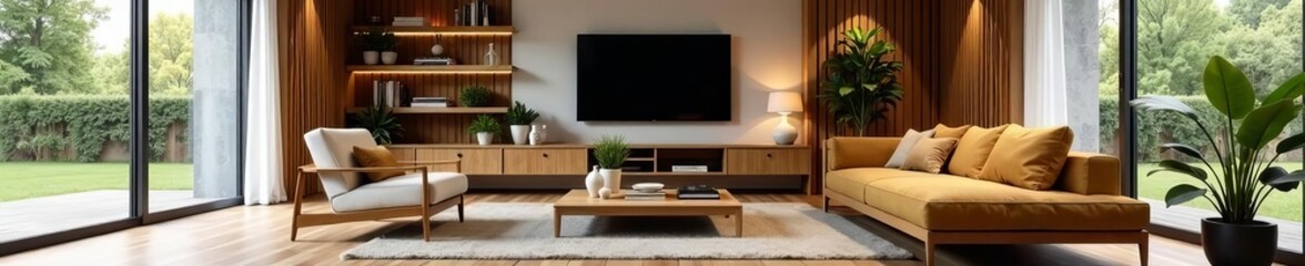 Contemporary living room with wooden accents and sleek furniture, style, wood