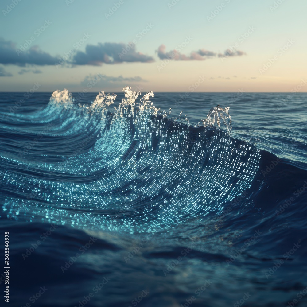 Poster abstract digital representation of ocean waves with binary code flowing through water, illustrating 