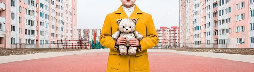 Young person in yellow coat holding a teddy bear in city.