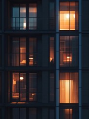 side view of modern apartment house windows, some of them with lights on, in the night, photoreal.