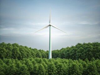 Fototapeta premium A photorealistic depiction of a wind turbine rising from lush greenery, with subtle futuristic elements integrated into the turbine’s design