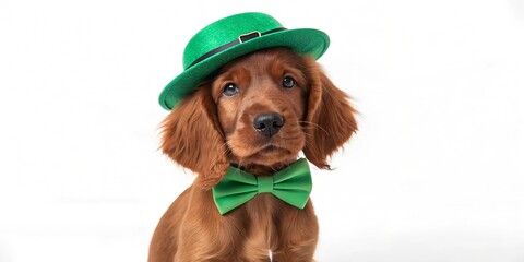 An Irish Setter puppy wears a green leprechaun hat and bow tie while posing against a white background. This charming pup captures the joyful spirit of the Irish holiday.
