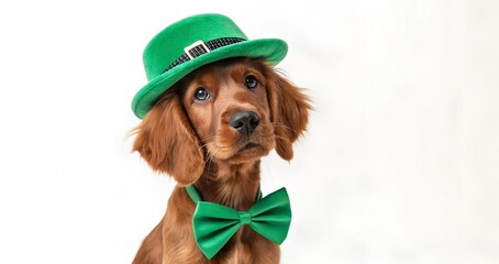 An Irish Setter puppy wears a green leprechaun hat and bow tie while posing against a white background. This charming pup captures the joyful spirit of the Irish holiday.