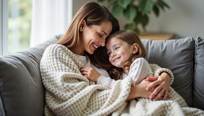 Mother and daughter smiling warmly while cuddling under a cozy blanket on a couch
