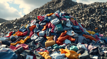 A Pile of Old Clothes in Landfill Representing Fast Fashion Garments Factory Waste and Donation Concept