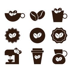 A set of coffee icons and vector symbols of coffee products in a flat style.
