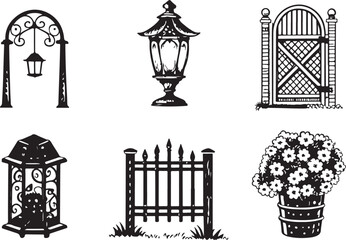 Garden elements silhouette vector set including lantern, gate, fence, and flower pot