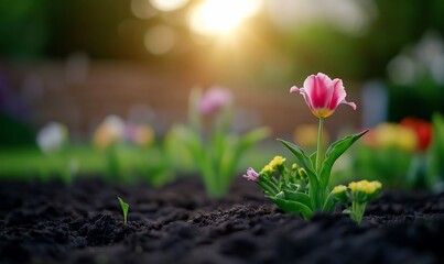 Pink Tulip Blooms in Garden Sunlight