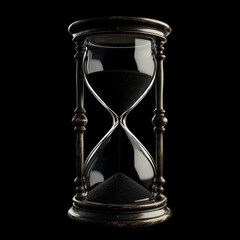 An ultra-realistic 8K image of a vintage wooden hourglass with intricate carved details, filled with fine black sand flowing through its narrow center