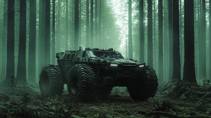 Fototapeta premium Futuristic armored off-road vehicle with large rugged tires in a misty dense forest, creating a post-apocalyptic atmosphere