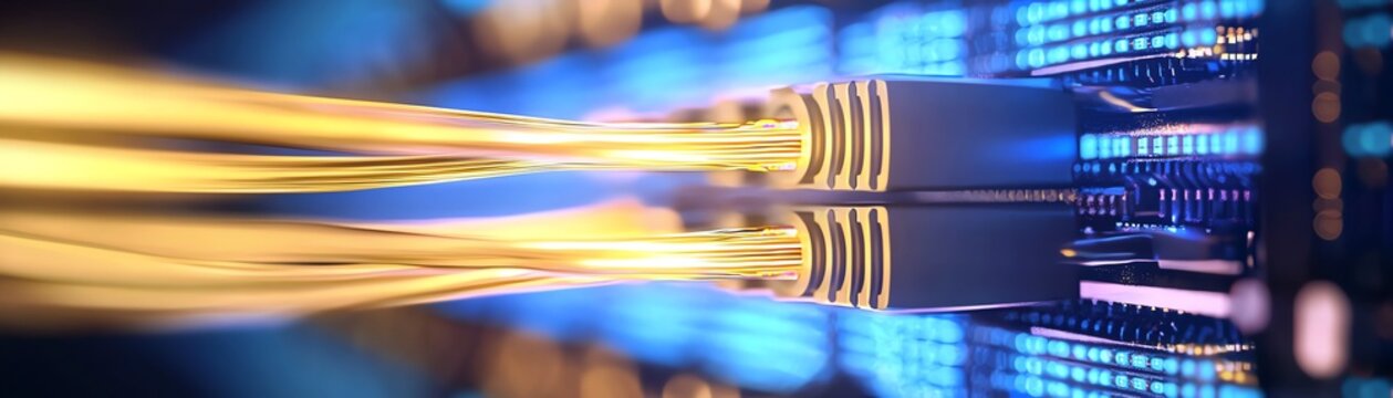 Close-up shot of data cables connected to a server, highlighting glowing lights that indicate active connections.