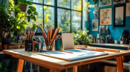 Drawing setup on table in bright studio; plant background and artwork on wall