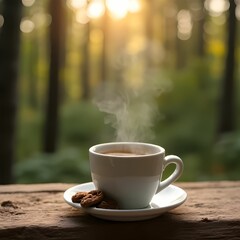 Obraz premium A cup of hot coffee on wood table with blurred forest background. Morning refreshment. Coffee menu