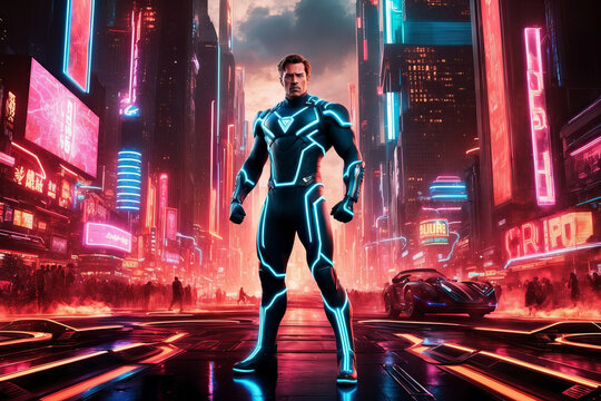 A superhero stands guard in a dazzling cyberpunk city, ready for action and protecting its inhabitants.