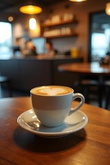 A cup of hot coffee on wood table with blurred cafe background. Morning refreshment. Coffee menu