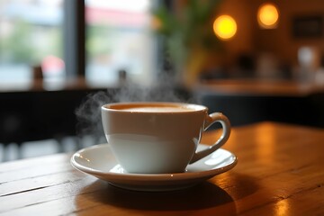 Fototapeta premium A cup of hot coffee on wood table with blurred cafe background. Morning refreshment. Coffee menu