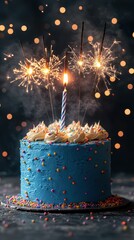 Sparkling blue birthday cake with festive candles and colorful sprinkles celebrating a special occasion