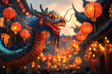 Majestic Dragon Amidst Lanterns: A vibrant dragon sculpture, its scales shimmering with color, presides over a festive street adorned with countless glowing lanterns.