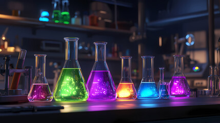 Luminous Lab: A captivating scene showcasing glowing colorful chemicals within laboratory glassware, radiating energy and excitement within a well-equipped research facility.